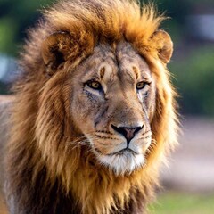 Fototapeta premium A close-up photo portrait of a lion with its head slightly tilted, deep focus on the softness of its mane flowing in the wind, eye-level shot capturing a gentle yet powerful expression