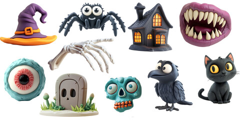 Fototapeta premium Cute 3D plasticine style halloween design element collection. Transparent background