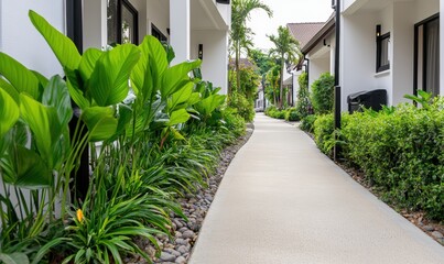 Naklejka premium A walkway between two houses with green plants - Outdoor