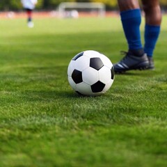 Fototapeta premium Close-up of a multiracial male soccer player's foot as it taps the ball, with deep focus revealing the entire field and opposing players in sharp detail. The eye-level perspective brings a realistic