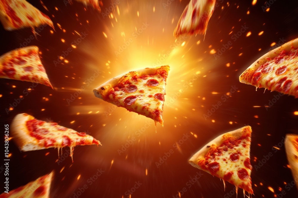 Poster large slices of pizza soar through the air, creating a lively scene that invites excitement and inte