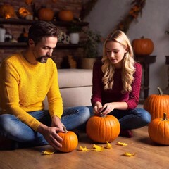 Fototapeta premium photo of cheerful positive young people sit on floor together hold pumpkins indoors indoors indoors house home house