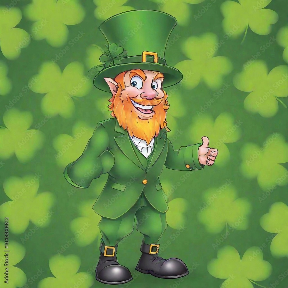 Wall mural A playful cartoon illustration of a leprechaun wearing a vibrant green suit, complete with a tall hat and a clover pinned to the lapel, standing amidst a field of oversized shamrocks.