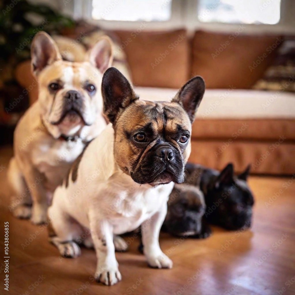 Sticker pack of French Bulldogs huddled together, with one in sharp focus displaying its wrinkled face and bat-like ears, while the rest blur into the cozy background of a living room