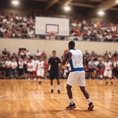 Fototapeta premium A full shot of a basketball court during a game, captured from eye level with deep focus. The image shows players in mid-action, with the ball soaring toward the hoop and the crowd cheering in the