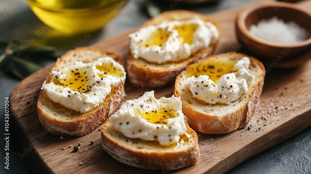 Sticker crostini made from sliced baguette, topped with ricotta cheese, honey, seasoned with salt and black pepper