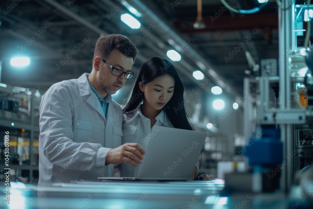 Poster team of researchers analyzing data in a high-tech laboratory setting during the late afternoon in a 