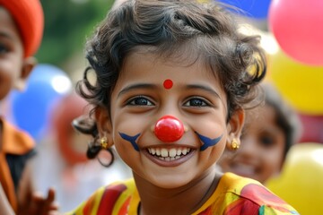 Young girl with red paint on her face and blue paint on her lips is smiling. She is surrounded by balloons, other children. Indian child, dressed in vibrant festive clothing with a playful clown nose.