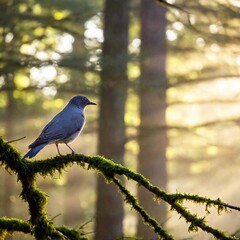 Birds resting on a branch in a misty forest at dawn