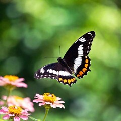 A close-up photo of a butterfly in flight, wings slightly blurred to convey motion, deep focus on its body and head, eye-level shot capturing its expressive eyes and unique patterns, giving a sense