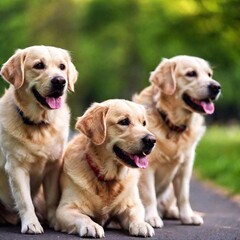 close-up of a playful group of Golden Retrievers, their soft fur in sharp focus, while the blurred background of a green park fades away