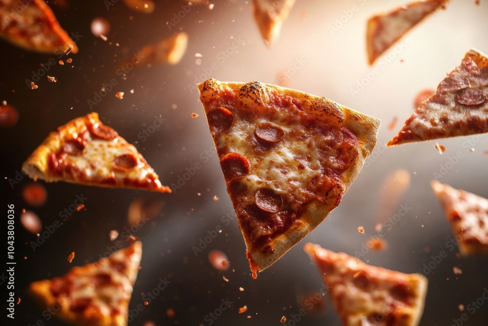 Poster pepperoni pizza slices soar diagonally across a colorful backdrop, adding excitement and a playful t