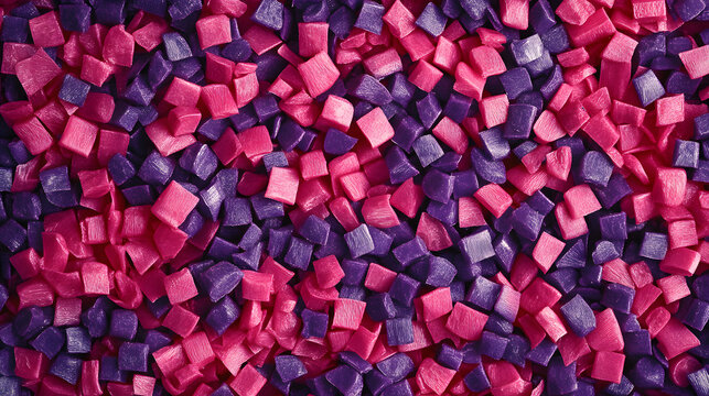 Closeup of raw plastic pellets, pink and purple masterbatch granules, resin beats for injection molding, background