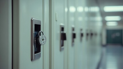 Naklejka premium Secured lockers in a modern hallway environment