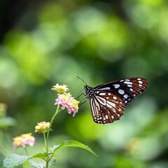 Obraz premium A close-up photo of a butterfly in flight, wings slightly blurred to convey motion, deep focus on its body and head, eye-level shot capturing its expressive eyes and unique patterns, giving a sense
