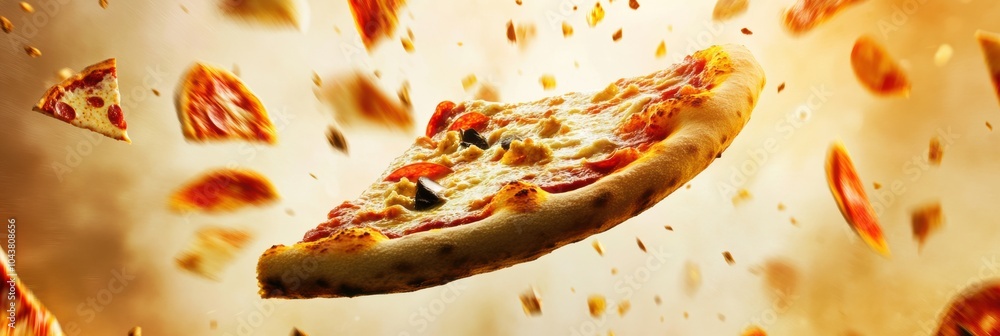Poster Colorful slices of pizza soar across the frame, adding energy and fun, while providing an ideal space for creative text placement. Generative AI