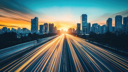 Fototapeta premium Urban sunset a dynamic cityscape of light trails and skyscrapers
