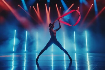 A dancer performs dynamically with a ribbon on stage illuminated by vibrant colored lights and smoke during a live event