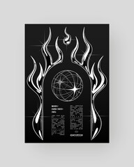 Futuristic Abstract Cyberpunk Poster Design. Y2K monochrome metallic, Silver Chrome, 2000s.