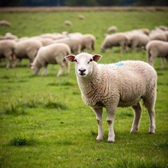 A flock of sheep grazing in a meadow, with shallow focus highlighting the front few sheep while the rest of the flock softly fades into the background