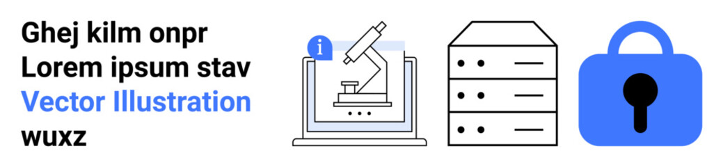 Depicts a microscope on a laptop, server stack, and a padlock highlighting scientific research, data storage, and security. Ideal for digital solutions, education, technology, research labs