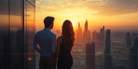 Fototapeta premium A couple gazes at the breathtaking sunset over a city skyline. The image captures romance and tranquility. Perfect for love stories or city life themes. It embodies a serene moment. AI