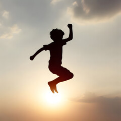 Fototapeta premium Silhouette of a child jumping against a sunset sky, expressing freedom and joy 
