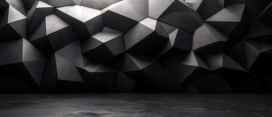 Obraz premium Abstract Geometric Black and Gray Wall Background with Empty Floor Space, Abstract Geometric Black and Gray Wall Background with Empty Flo