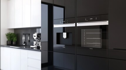 Fototapeta premium Modern Black Coffee Machine in a Stylish Kitchen with Cup - Sleek Home Appliance Closeup