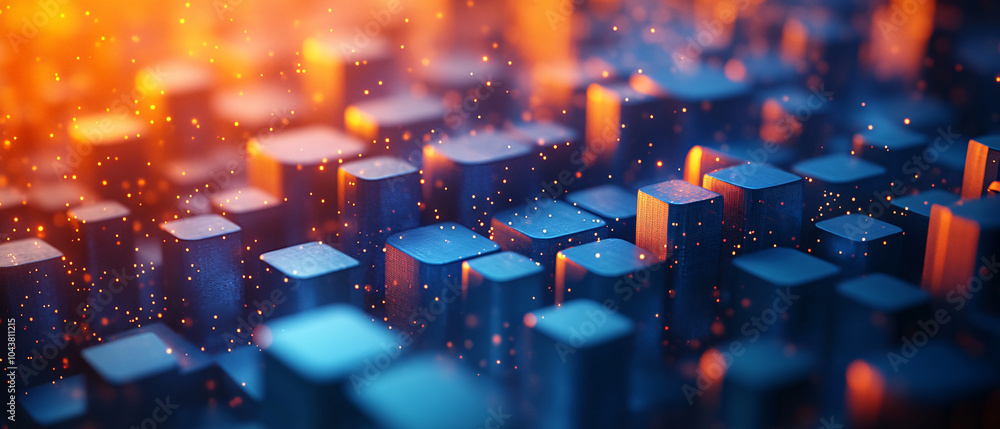 Poster abstract 3d render of blue and orange cubes with glowing particles, abstract 3d render of blue and o