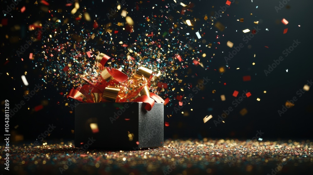 Poster confetti and bright ribbons explode from an open gift box, creating a festive and celebratory atmosp