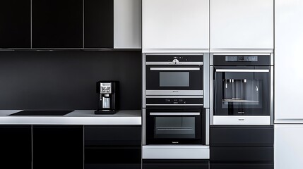 Fototapeta premium Modern Black Coffee Machine in a Stylish Kitchen with Cup - Sleek Home Appliance Closeup