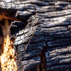 Extreme Macro of Burnt Wood Texture: An extreme macro shot of charred wood texture, in deep focus to capture the intricate cracks and burnt surface, with a retro color grade that adds a vintage