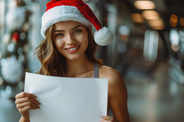 Christmas mockup of female fitness trainer, girl in Santa Claus hat holding blank white poster sheet for text in sports hall, gym. Fitness ad template, holiday promotion, copy space