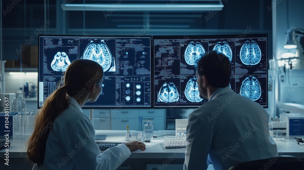 Aufkleber two people are looking at a computer monitor displaying brain scans