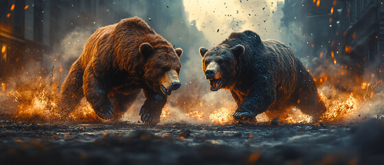 Two Grizzly Bears Clashing in a Fiery Urban Battle