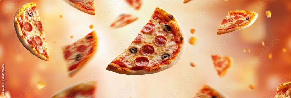 Poster slices of pepperoni pizza soar diagonally, creating a lively atmosphere while leaving room for your 