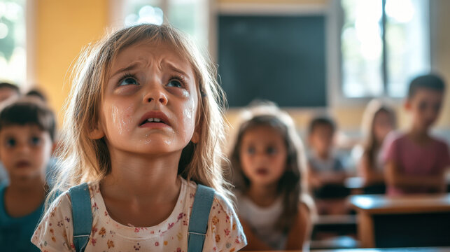 close up of 6 year old girl looking worried in school classroom, surrounded by classmates. emotional expression highlights her concern and anxiety