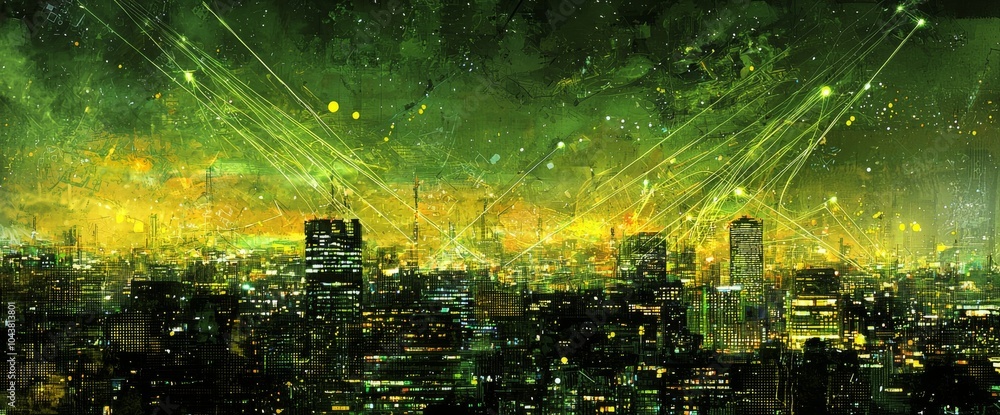 Poster an abstract city and a dot point connect with a gradient line and an intricate wave line design, whi