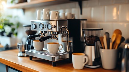 Modern Black Coffee Machine in a Stylish Kitchen with Cup - Sleek Home Appliance Closeup