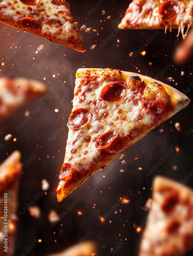 Poster a playful arrangement of flying pizza slices fills the background, creating a vibrant and energetic 