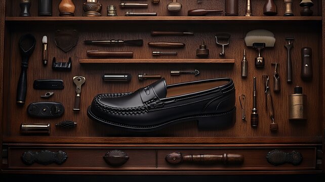 Black leather shoe with various cobbler tools on a wooden surface