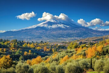 Obraz premium Etna Volcano: Active Volcanic Mount Etna with Smoke Rising from Crater in Sicily, Italy