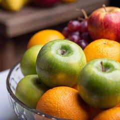 extreme close-up of a bowl filled with mixed fruits such as oranges, grapes, and apples, using rack focus to create a sharp detail on one fruit with the others blurred in the background