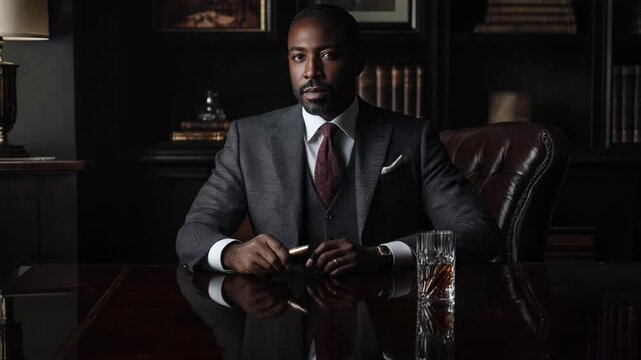 A distinguished black man in a suit sits at a desk, holding a cigar and glass of whiskey, exuding an air of confidence in an upscale office