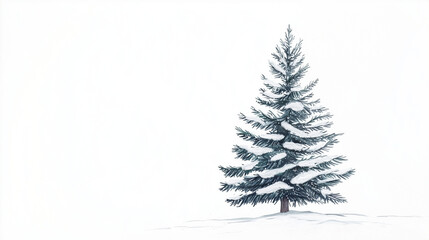 Snow-covered pine tree cartoon drawing on snowy ground, with space for text