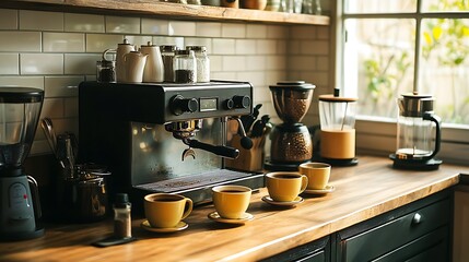 Modern Black Coffee Machine in a Stylish Kitchen with Cup - Sleek Home Appliance Closeup