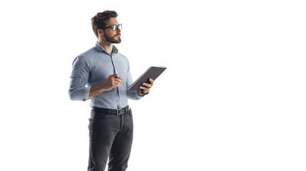 Businessman standing confidently, dressed in a formal suit, isolated on a transparent white background, conveying professionalism and leadership, clean and simple design focusing on the individual.