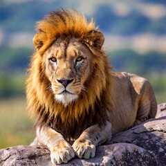 Fototapeta premium A macro photo of a lion resting on a rocky outcrop, deep focus on its relaxed posture and the texture of its mane, high-angle shot capturing the full body of the lion and the expansive landscape