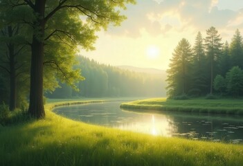 Sunrise over a river in a forest. .